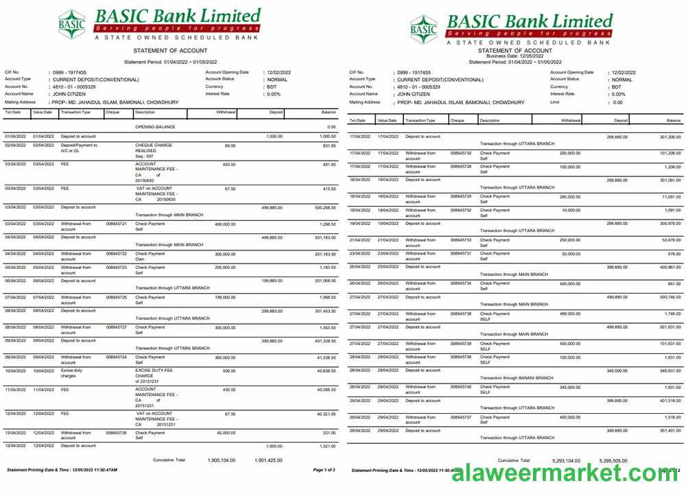 Bangladesh Basic bank statement Word and PDF template, 2 pages